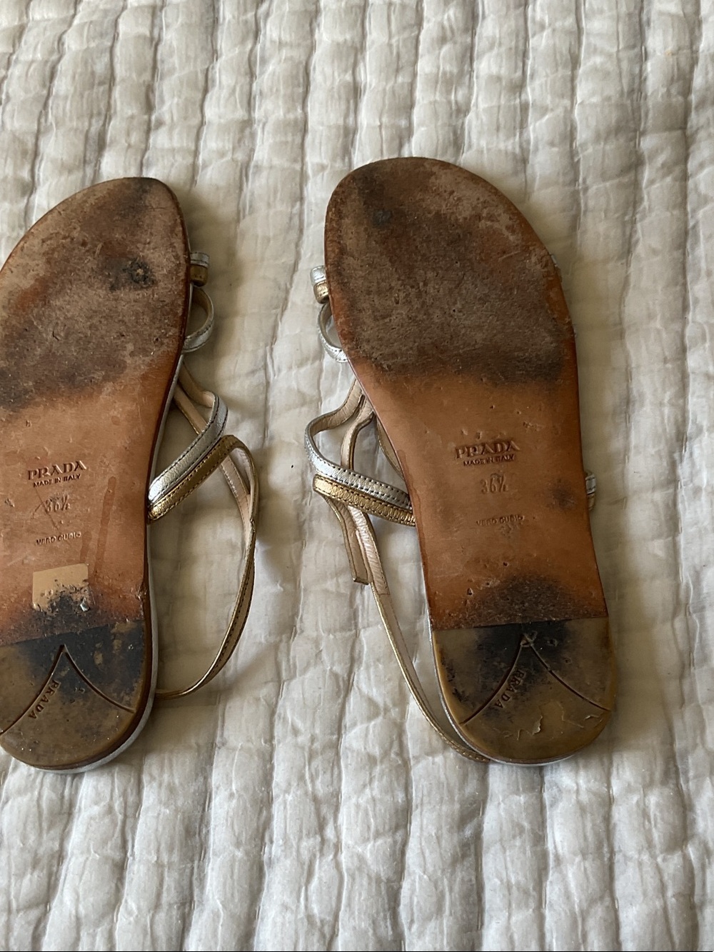 Prada Gold Leather Strappy Flat Sandals